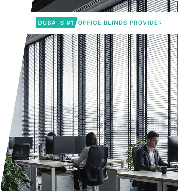 Black venetian blinds in a modern, open-plan office.