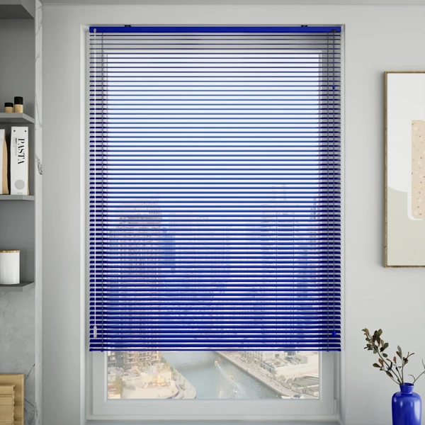 Cobalt blue Venetian blinds on a city view window
