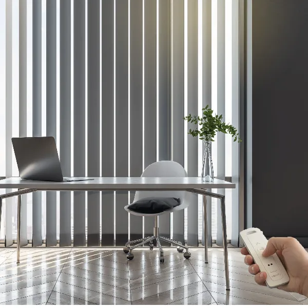 Grey motorized vertical blinds in a modern office space.
