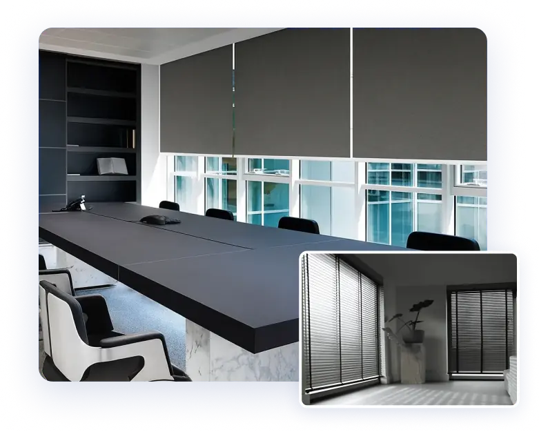 Grey roller and venetian blinds in modern office settings.