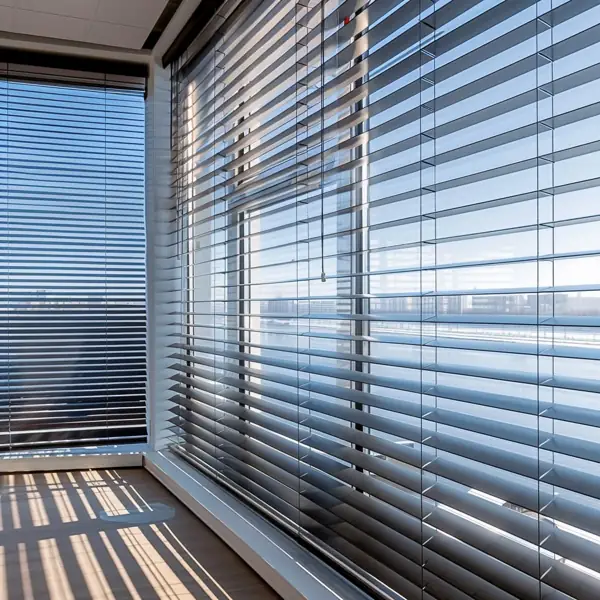 Silver venetian blinds in a bright, modern corner office.