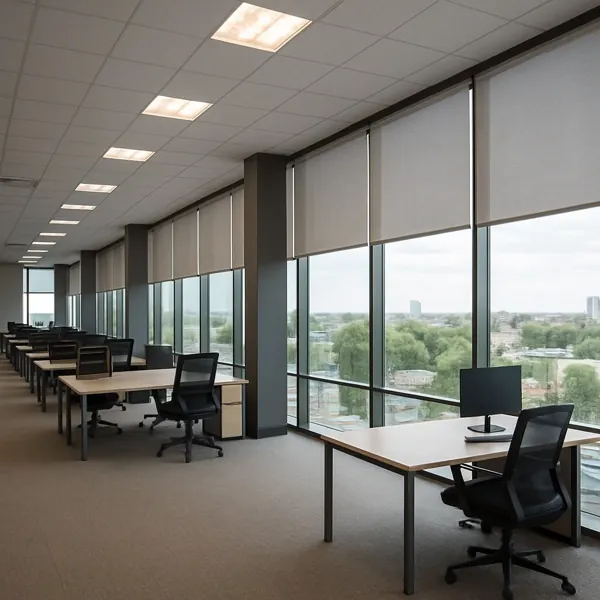 grey solar screen roller blinds fitted on large glass windows in a professional huddle room